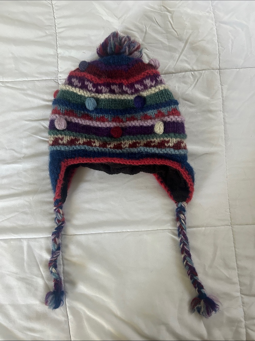 Kids Multicolor Pom-Pom Earflap Winter Hat 100% wool